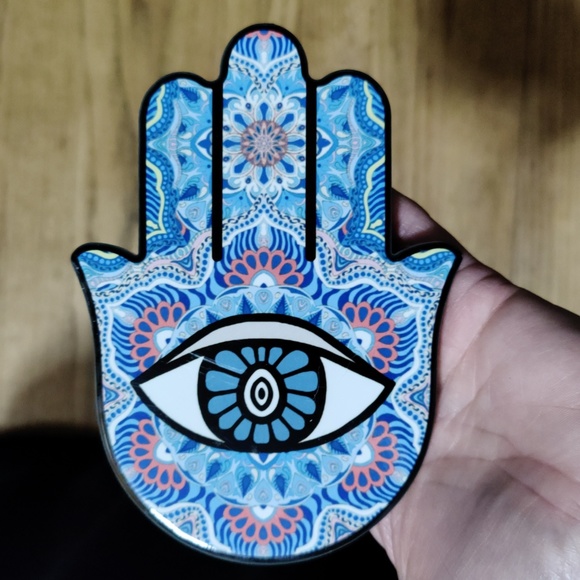 Hamsa Hand porcelain pink and blue 4 inches across and 5.75 long - Picture 3 of 5